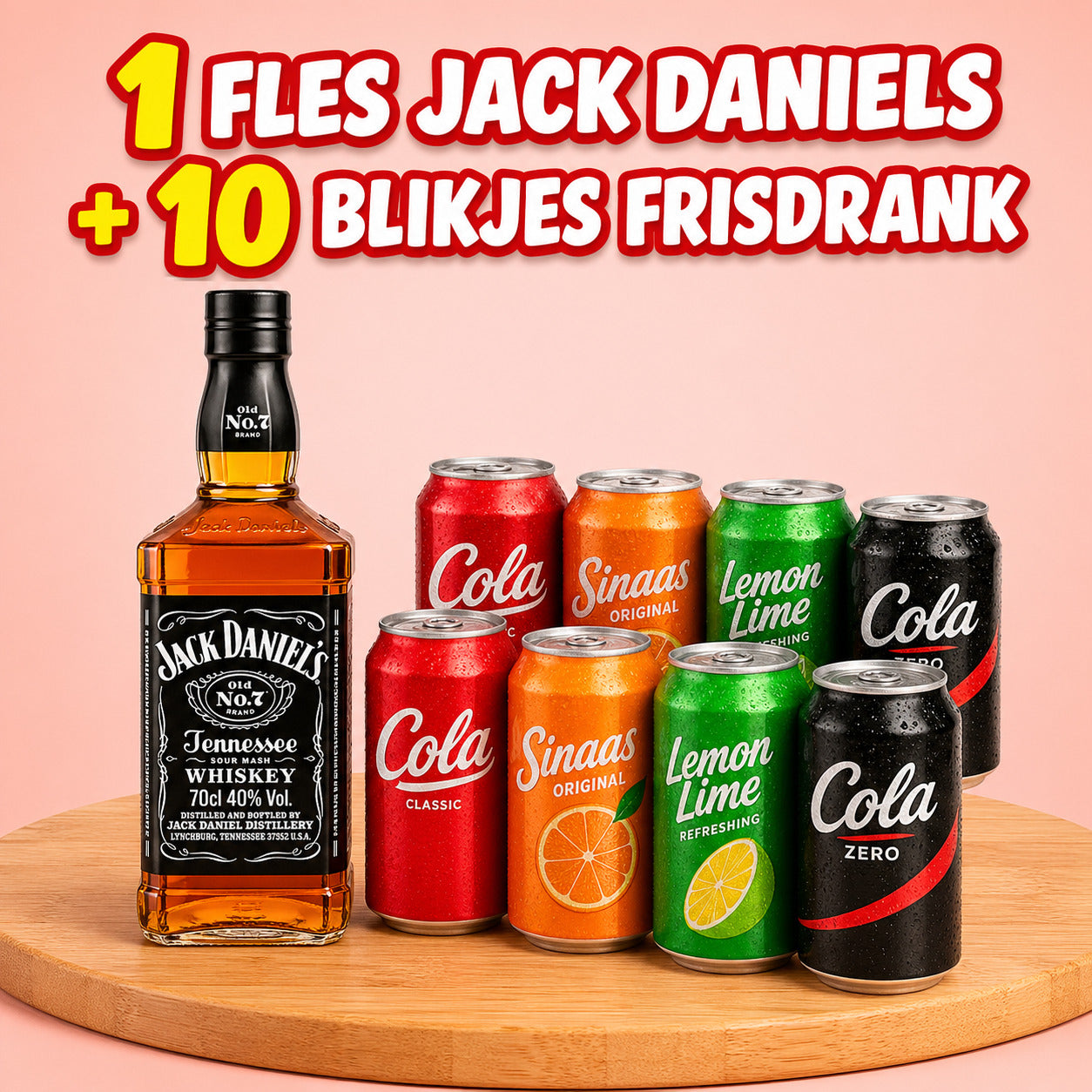 *1 FLES JACK DANIELS + 10 BLIKJES FRIS