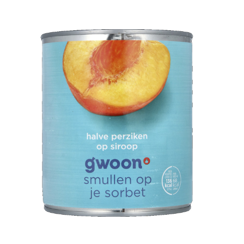 G'woon halve perziken op siroop 820 gr.