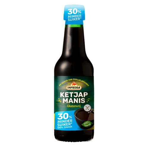Inproba ketjap manis 30% minder suiker 250 ml.