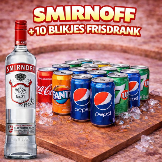 *1 FLES SMIRNOFF + 10 BLIKJES FRIS