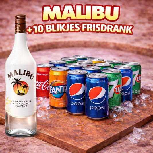 *1 FLES MALIBU + 10 BLIKJES FRIS