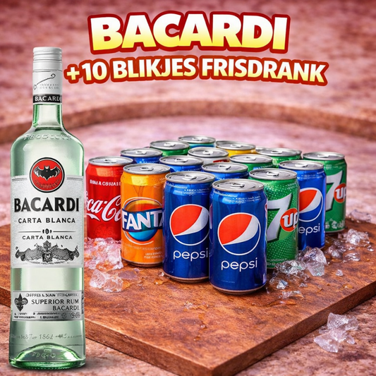 *1 FLES BACARDI + 10 BLIKJES FRIS